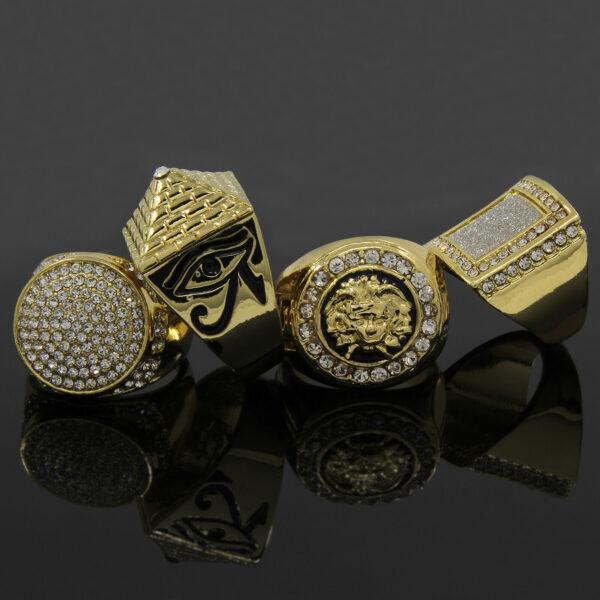 14K Gold Plated Hip Hop Cz 4 Rings Bundle w/Medusa Pendant