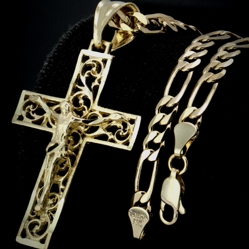 Jesus Cross Pendant With Italian Figaro Choker Link Chain