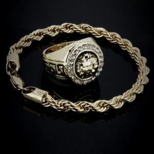 Men's Italian Rope Bracelet With Large Medusa Head Iced AAA+ Pinky Ring