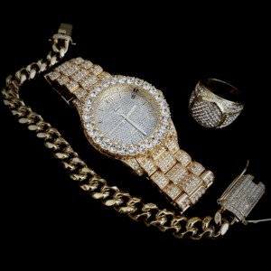 Iced AAA+ Lab Rocks Watch, Cuban Bracelet With Iced Out Buckle & Pinky Ring Jewelry Set