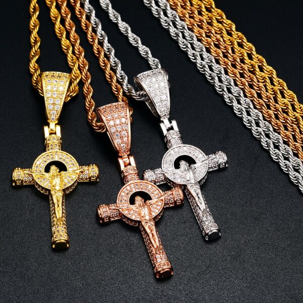Religious Crucifix Jesus Piece Iced AAA+ CZ Stones w/24" Rope Chain Necklace