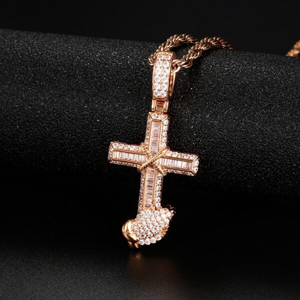 Iced AAA+ CZ Cross Praying Hands Pendant Cuban Link, Rope Chain, Or Tennis Chain