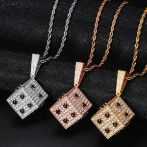 Iced AAA+ CZ Square Dice Pendant Silver/Gold/Rose Cuban Link, Rope, Tennis Chain