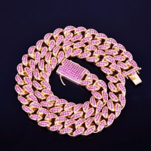 20mm Heavy Pink AAA+ CZ Rocks Miami Cuban Link Choker Chain Necklace 16