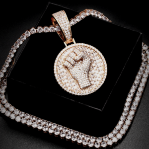 Black Power Round Iced Pendant Cuban Link, Rope Or Tennis Chain Options
