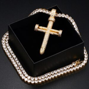AAA+CZ Stones Stainless Steel Cross Pendant Gold, Rose Gold, Tennis, Rope Chains