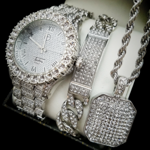 Men's Fully Iced Out AAA+CZ Rocks Techno-Pave Watch, Icy Cuban Link Bracelet, Italian Rope Chain And Pendant Jewelry Set