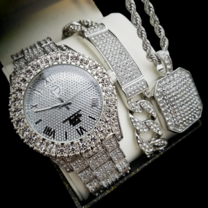 Men's Fully Iced Out AAA+CZ Rocks Techno-Pave Watch, Icy Cuban Link Bracelet, Italian Rope Chain And Pendant Jewelry Set