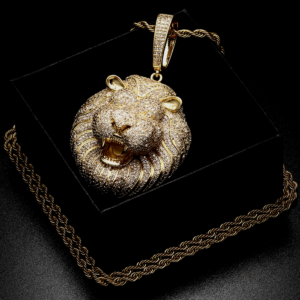 Big Lion Head Iced Pendant With Cuban Chain, Rope Necklace