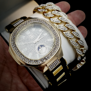 Men's Fully Iced AAA+CZ Stones Gold/Black Watch And Iced Out Cuban Link Bracelet Set