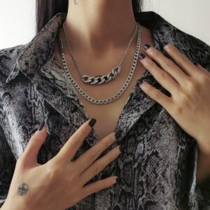 Women's Multi-layer Cuban Chain Necklace Sliver-Color Thick Punk Fashion Jewelry