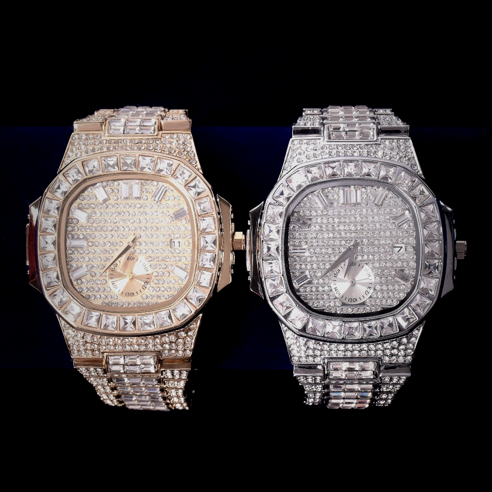 Men's Square Dial Baguette & Round-Cut AAA+ Watch Stainless Steel Waterproof Wristwatch