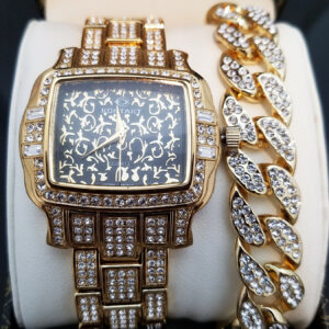 Men's Fully Iced Out AAA+CZ Rocks Watch And Miami Cuban Link Bracelet Jewelry Set