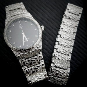 Men's AAA+ Zircon Bling Sterling Sliver Nugget Band Watch And Nugget Iced Out Bracelet Jewelry Set