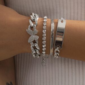 Women's Butterfly Cuban, Curb, Tennis & Bold Herringbone 4Pcs/Jewelry Bracelet Set