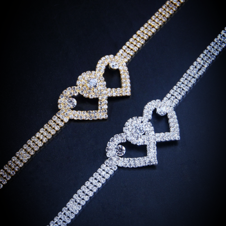 Women’s Double Heart 3 Row AAA+ Lab Stone Ankle Tennis Bracelet Size