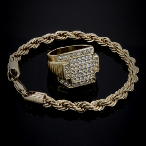 Men's 14k Stamped Twisted Rope Bracelet & 6 Line Square Pinky Ring Jewelry Set