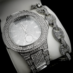 Men's White AAA+Cz Stones Iced Out Watch & Gucci Mariner Bracelet Jewelry Set