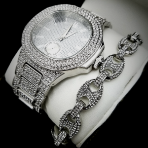 Men's White AAA+Cz Stones Iced Out Watch & Gucci Mariner Bracelet Jewelry Set