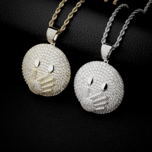 Iced Round Character Face Pendant Silver/Gold Colors & Twisted Rope Chain