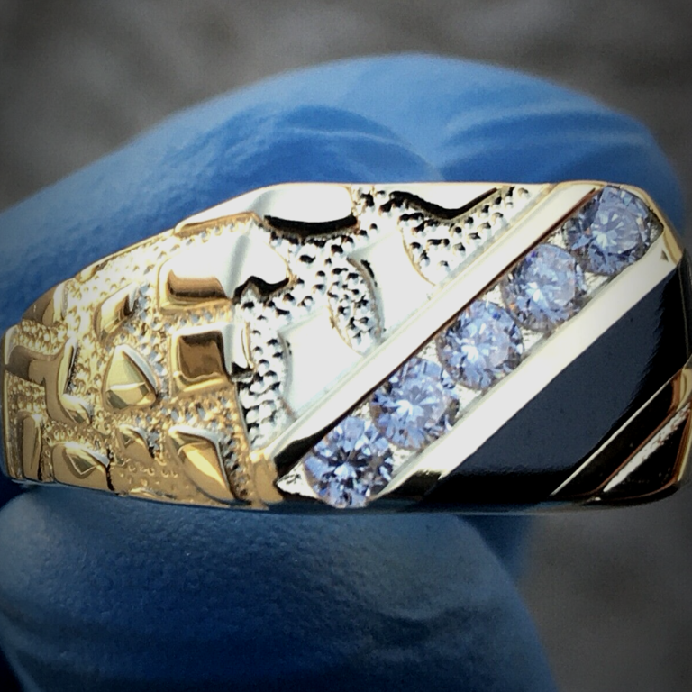 Men’s Iced Nugget Pinky Ring 14K GP 925 Solid Silver AAA+Cz Stones Sizes Urban Fashion Jewelry