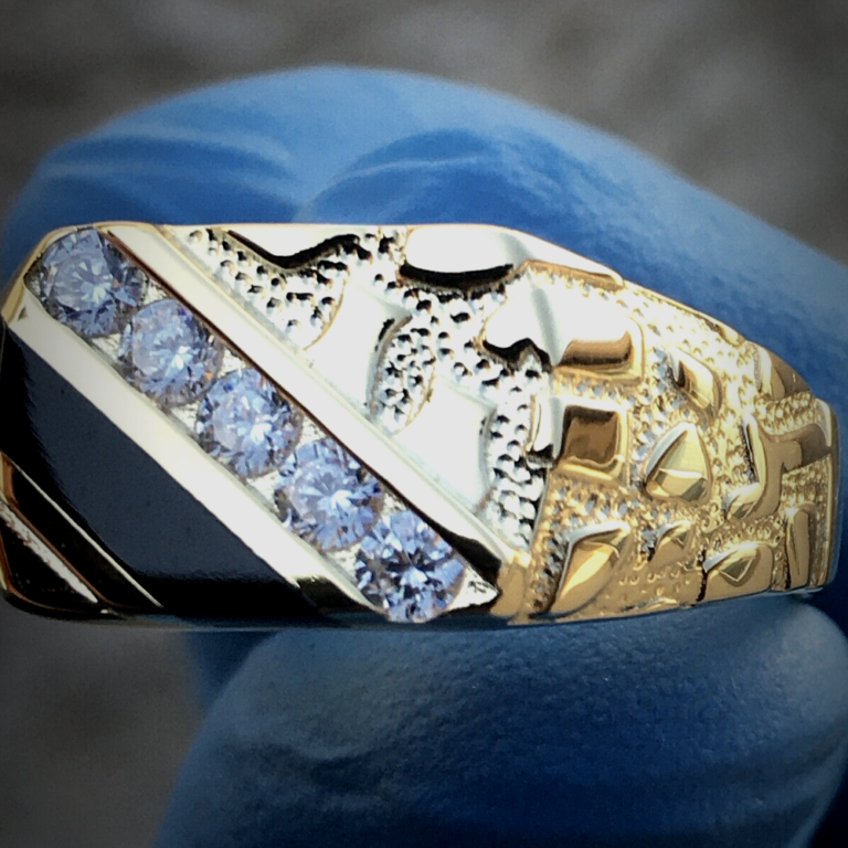 Men’s Iced Nugget Pinky Ring 14K GP 925 Solid Silver AAA+Cz Stones Sizes Urban Fashion Jewelry