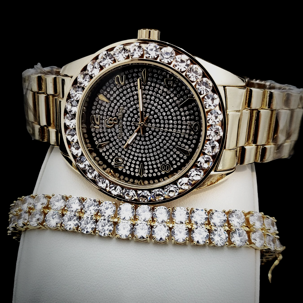 Men's Captain Bling Wristwatch With 2-Row Diamond Tennis Bracelet Jewelry Set