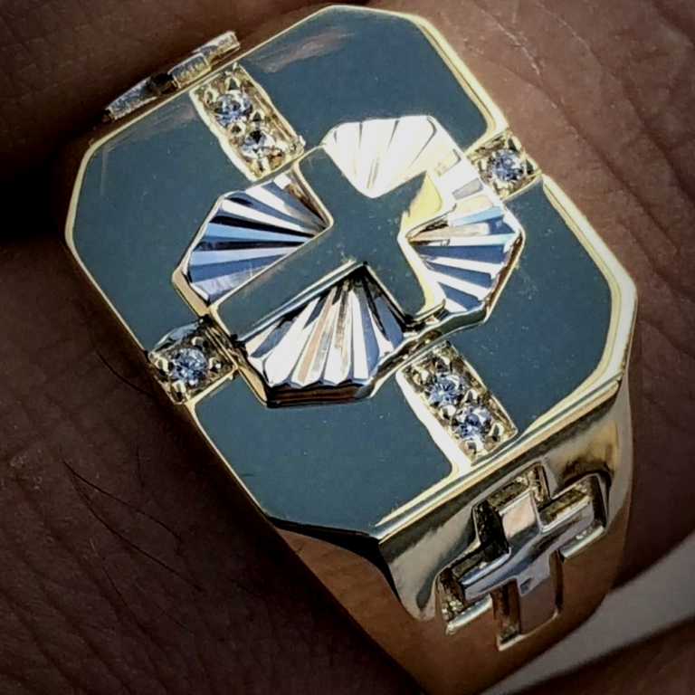 Men’s Religious Jewelry 3D Jesus Cross Pinky Ring 14k On Solid 925