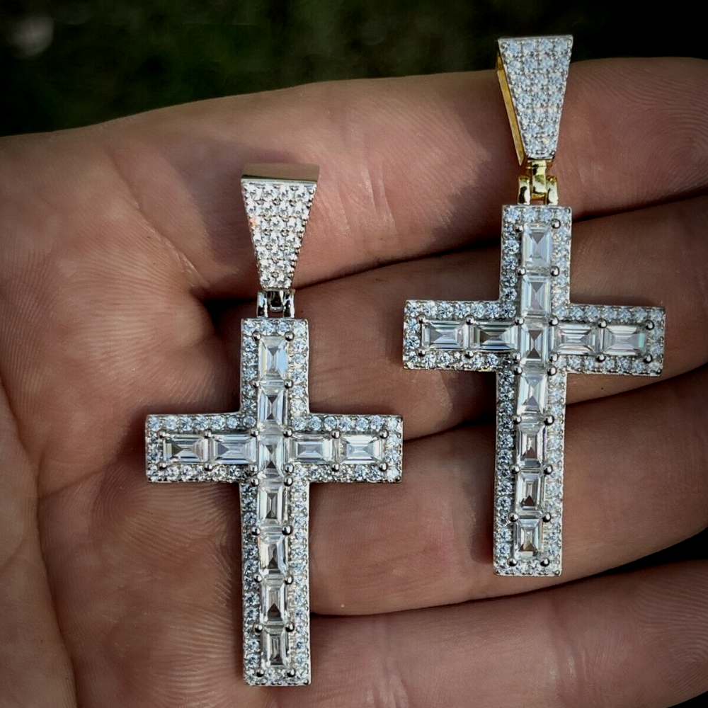 Men's Italy 925 Silver Iced X Baguette Cross Jesus Charm Pendant Rope Chain 