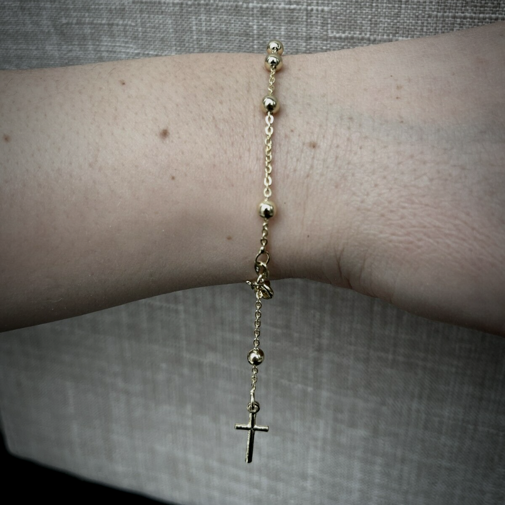 Women's Rosario 14k Gold On Silver Adjustable Cross Rosary Beads Bracelet