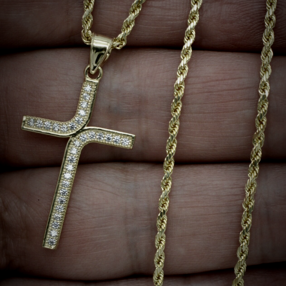 Women's Solid 10k Gold Shiny Jesus Cross Charm Pendant With Rope Chain