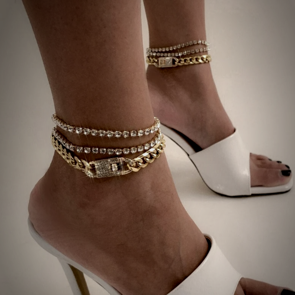 Diamond Cut Tennis Chain Crystals Inlaid Adjustable Gold Ankle Bracelet  Anklet | eBay