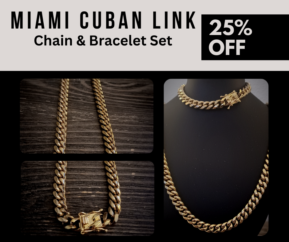 The Thick Miami Cuban Link Chain Bracelet Jewelry Set is versatile and can be worn with a variety of outfits. 