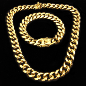 14mm Miami Cuban Chain Necklace & Bracelet Set – 24K Gold Plated Stainless Steel Cuban Link