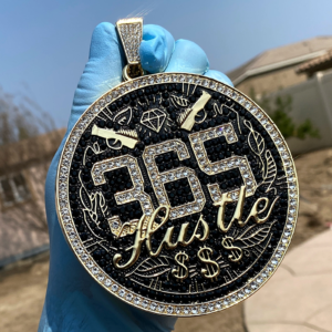 Jumbo 365 Hustle Iced Out Gold Pendant – 14K Gold Plated CZ Diamond Hip Hop Medallion