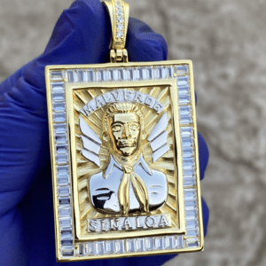 Big 2" Jesus Malverde Square Pendant – 925 Sterling Silver 14K Gold Plated Iced Out CZ Diamond Pendant