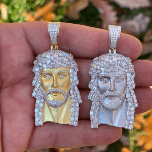 Moissanite Jesus Piece Pendant Necklace – Iced Baguette & Round Stones – Solid 925 Silver or 14K Yellow Gold Vermeil