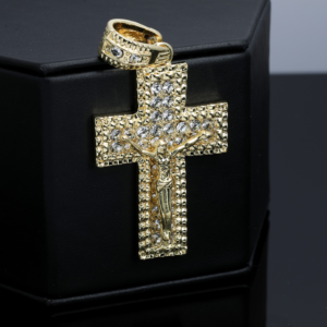 2 Row Iced Jesus Cross Pendant Necklace – 14K Gold Plated CZ