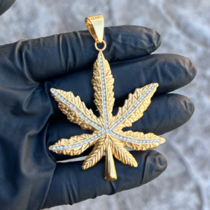 18K GP Weed Leaf Pendant – Iced CZ Solid 316L Stainless Steel