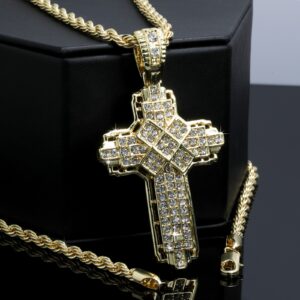 Iced Cross Pendant CZ Rope Chain Necklace – 14K Gold Plated Hip Hop Iced Out Chain for Men & Women