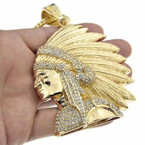14K Gold Plated Iced Out Apache Indian Chief Pendant with 36” Franco Chain – Yellow Gold CZ Hip Hop Necklace