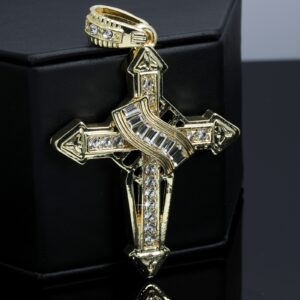 Iced Victorian Cross Pendant – Jesus Cross CZ Jewelry 14K Gold Plated Yellow Gold Pendant w/ 4mm Rope Chain