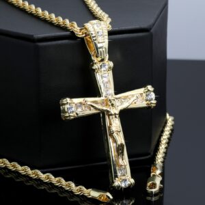 Iced Latin Jesus Cross Pendant – 14K Gold Plated CZ Jewelry with Rope Chain | Yellow Gold Jesus Pendant for Men