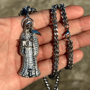 La Santa Muerte Iced Pendant 3.5” Holy Death CZ Pendant with 30” Stainless Steel Franco Chain