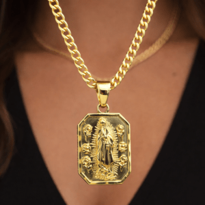 14K Gold Plated Virgin Mary Medallion Round Pendant w/ 20" Miami Cuban Chain Necklace 5mm