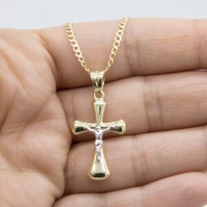 10K Gold Jesus Cross Crucifix Pendant Necklace – 1 3/8” Yellow Gold & White Gold Religious Charm