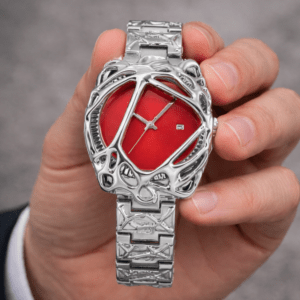 Men’s Luxury Watch Silver Plated Red Dial Bracelet Watch