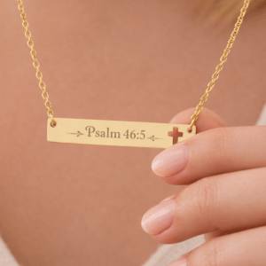Psalm 46:5 Bible Verse Necklace – Engraved Bar Cutout Cross Pendant Necklace