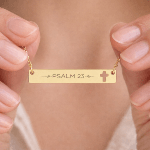 Psalm 23 Engraved Scripture Plate Cutout Cross Bar Necklace