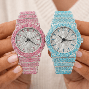 Iced Out Pink & Blue Luxury Watch | Lab Diamond Band Quartz Watch